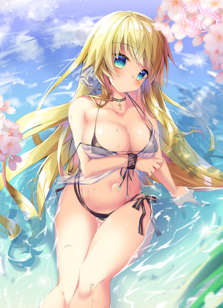 Anime picture 1200x1659 with azur lane aurora (azur lane) maritaki single long hair tall image looking at viewer blush blue eyes light erotic blonde hair bare shoulders outdoors head tilt from above bare legs bare belly thighs partially submerged cherry blossoms