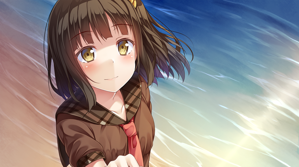 Anime picture 1920x1080 with yuuri nayuta single long hair blush highres short hair smile brown hair wide image yellow eyes outdoors light smile from above short sleeves beach side ponytail looking up girl uniform hair ornament