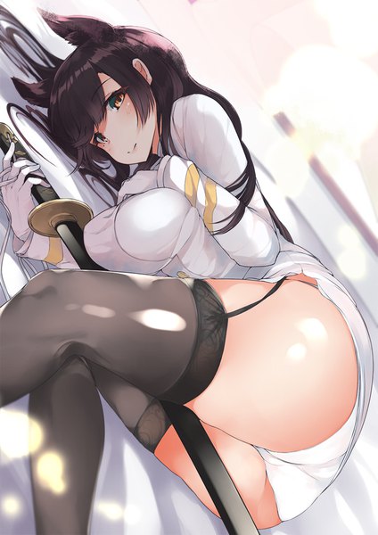 Anime-Bild 778x1100 mit azur lane atago (azur lane) miya ur single long hair tall image looking at viewer blush fringe breasts light erotic smile brown hair brown eyes animal ears bent knee (knees) ass lying mole dutch angle