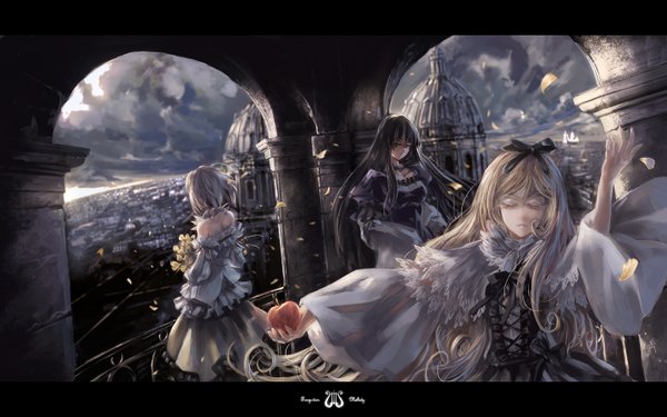 Anime picture 1440x900 with archlich long hair short hair black hair blonde hair wide image multiple girls eyes closed from behind city landscape girl bow hair bow petals 3 girls apple