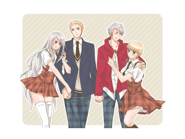 Anime picture 1280x960 with axis powers hetalia studio deen prussia (hetalia) germany (hetalia) tagme (artist) long hair blush short hair blue eyes simple background blonde hair red eyes white background multiple girls eyes closed grey hair multiple boys couple hug holding hands