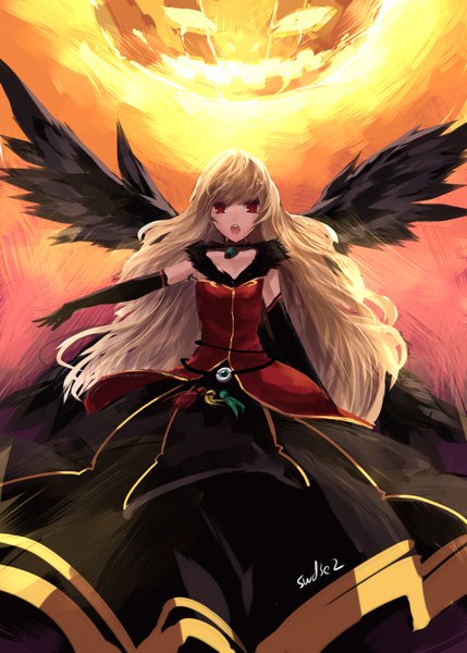 Anime picture 1181x1653 with dungeon and fighter swd3e2 single long hair tall image looking at viewer blonde hair red eyes standing black wings screaming girl dress gloves wings choker black gloves elbow gloves fur sun