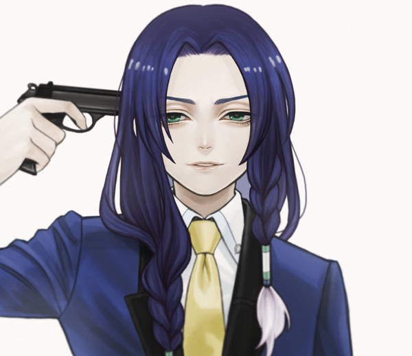 Anime picture 999x865 with danball senki danball senki wars fuujin kaito fioletovyy single long hair looking at viewer simple background holding green eyes purple hair upper body braid (braids) parted lips multicolored hair two-tone hair suicide boy weapon necktie
