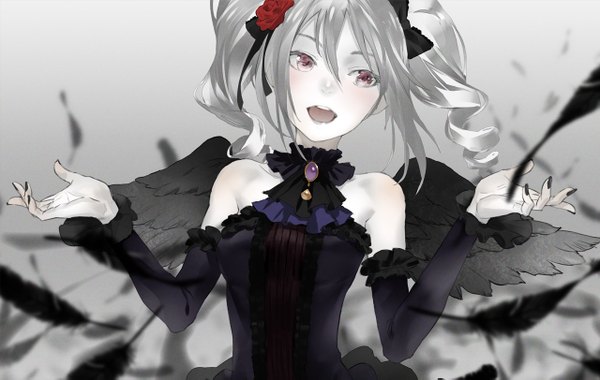 Anime picture 1280x811 with idolmaster idolmaster cinderella girls kanzaki ranko redjuice single long hair fringe open mouth smile purple eyes twintails bare shoulders looking away silver hair long sleeves nail polish hair flower gradient background spread arms pale skin