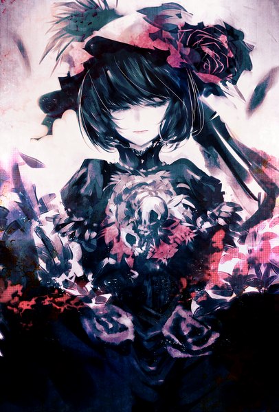 Anime picture 1188x1753 with original uni (bom19850101) single tall image fringe short hair black hair eyes closed lips grey background puffy sleeves looking down girl dress flower (flowers) hat black dress rose (roses) skull