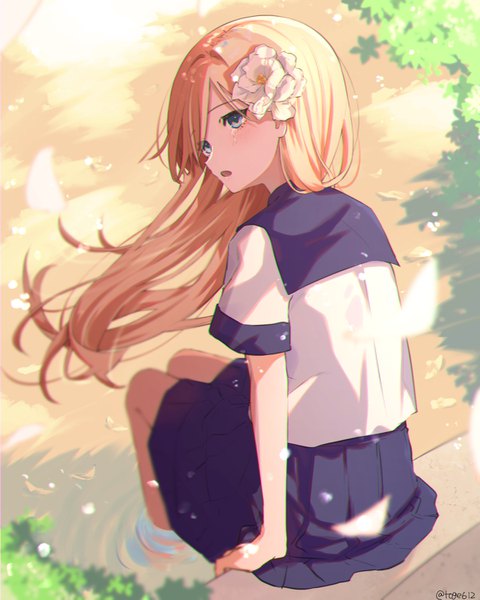 Anime picture 1200x1500 with original amopui single long hair tall image blue eyes blonde hair sitting signed looking away hair flower from above wind from behind twitter username turning head soaking feet girl uniform flower (flowers)