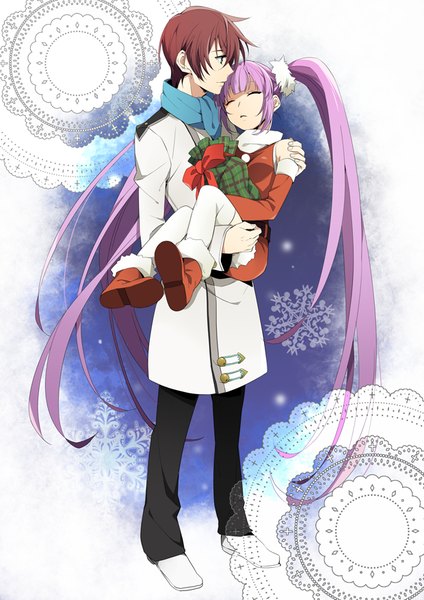 Anime picture 620x877 with tales of (series) tales of graces sophie (tales) asbel lhant yuzumame tall image fringe short hair brown hair standing twintails bare shoulders purple hair eyes closed very long hair profile alternate costume sleeping carrying princess carry
