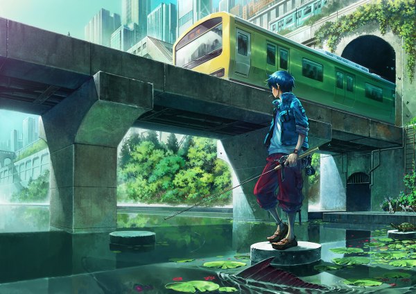 Anime picture 1200x848 with original oropi (artist) short hair blue hair full body city fishing plant (plants) jacket shorts insect building (buildings) butterfly cat clock fish (fishes) cigarette pocket watch bridge train