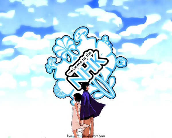 Anime picture 1280x1024 with nhk ni youkoso gonzo nakahara misaki satou tatsuhiro ooiwa kenji kynquinhe short hair black hair signed cloud (clouds) profile copyright name holding hands third-party edit back to back girl boy