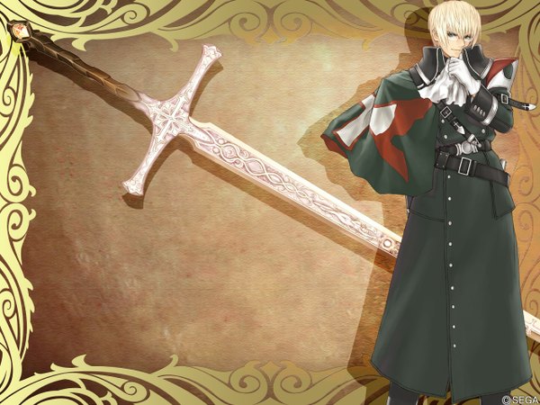 Anime picture 1280x960 with shining (series) shining tears shining wind eclipse (shining wind) tony taka single blonde hair standing green eyes shadow boy gloves weapon glasses belt flag