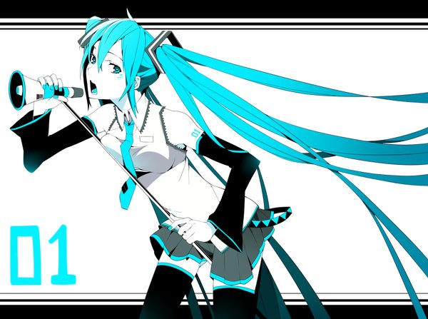 Anime picture 911x679 with vocaloid hatsune miku yuzumame single open mouth light erotic simple background white background twintails bare shoulders looking away ahoge very long hair nail polish aqua eyes aqua hair monochrome aqua nail polish girl thighhighs