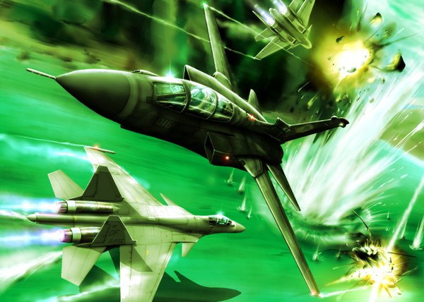 Anime picture 1400x1000 with ace combat zephyr164 signed flying battle explosion pilot weapon airplane jet su-35