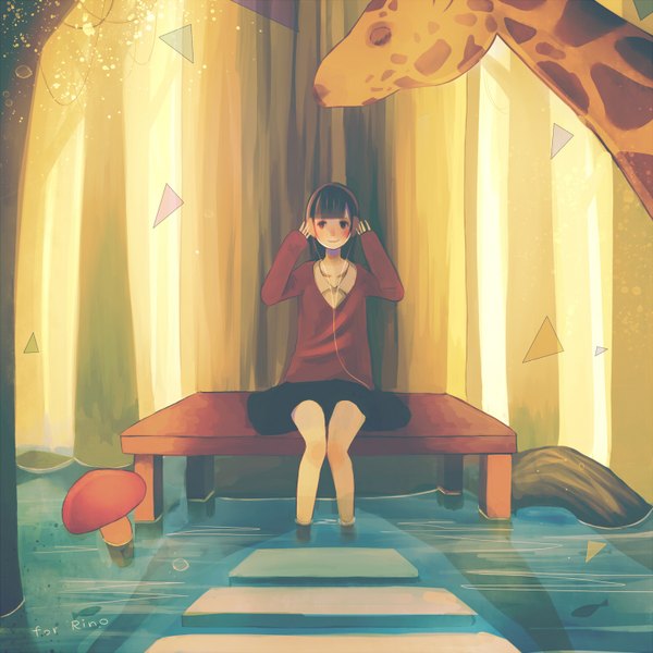 Anime picture 1500x1500 with original bisco smile brown hair sitting brown eyes girl skirt plant (plants) tree (trees) water headphones mushroom (mushrooms) giraffe