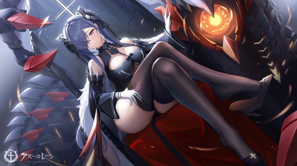Anime picture 4093x2301 with azur lane august von parseval (azur lane) ainrichman single long hair looking at viewer blush fringe highres breasts blue eyes light erotic wide image large breasts sitting bare shoulders blue hair absurdres cleavage full body