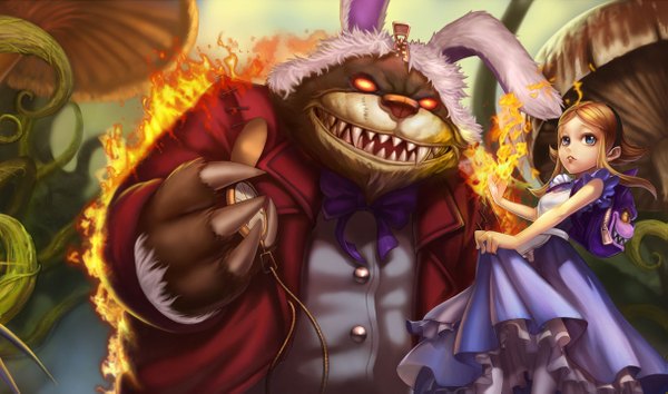 Anime picture 1215x717 with league of legends annie (league of legends) shaco (league of legends) blue eyes red eyes wide image orange hair teeth fang (fangs) bunny ears sharp teeth girl dress clock fire backpack monster pocket watch mushroom (mushrooms)