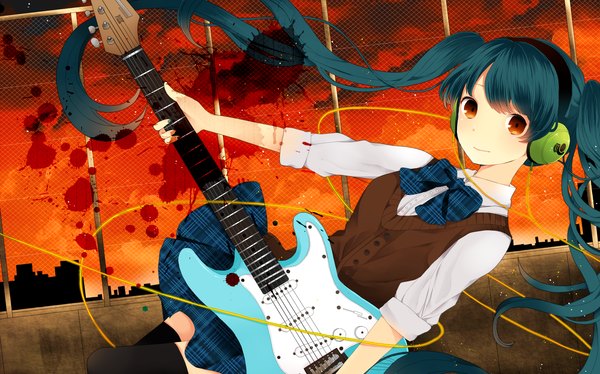 Anime picture 1500x937 with vocaloid hatsune miku komine (artist) single long hair smile red eyes wide image twintails green hair girl thighhighs skirt bow black thighhighs miniskirt headphones vest wire (wires) guitar