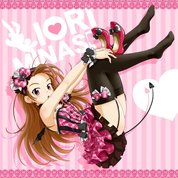 Anime picture 1000x1000 with idolmaster minase iori punto long hair open mouth red eyes brown hair tail girl thighhighs dress bow black thighhighs earrings wings shoes