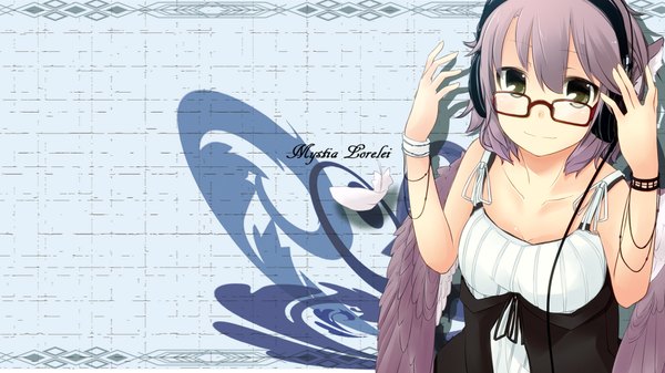 Anime picture 1920x1080 with touhou mystia lorelei kuroi mizore single highres short hair brown hair wide image green eyes bespectacled girl wings glasses bracelet headphones