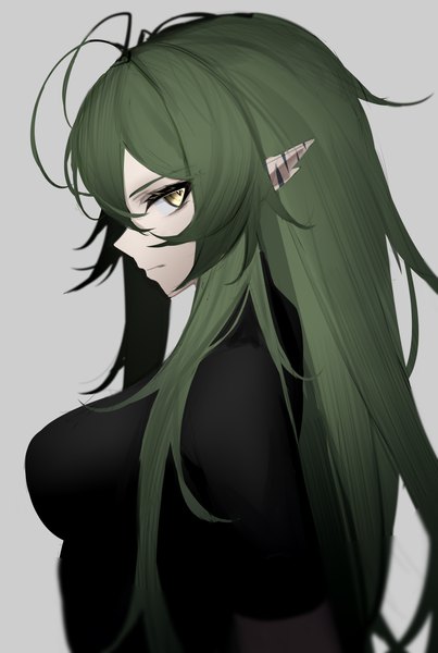 Anime picture 1000x1489 with arknights gavial (arknights) ozeu0916 single long hair tall image looking at viewer fringe breasts simple background hair between eyes large breasts yellow eyes payot upper body ahoge profile green hair pointy ears short sleeves