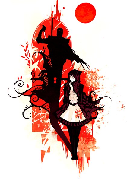 Anime picture 791x1100 with original nanomortis (artist) tall image black hair standing silhouette white eyes girl dress hood blood cape sun knife