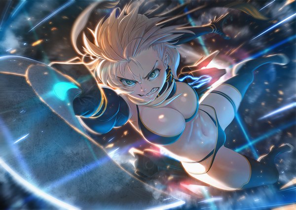 Anime picture 1500x1063 with fate (series) fate/grand order okita souji (fate) (all) okita souji (swimsuit assassin) (fate) imizu (nitro unknown) single looking at viewer fringe short hair breasts light erotic blonde hair large breasts holding cleavage full body aqua eyes fang (fangs) high heels outstretched arm