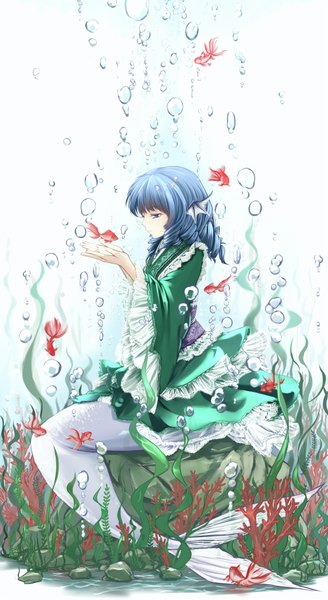Anime picture 1000x1829 with touhou wakasagihime cloudy.r single long hair tall image blue eyes sitting blue hair traditional clothes japanese clothes underwater girl plant (plants) frills kimono bubble (bubbles) fish (fishes) mermaid coral