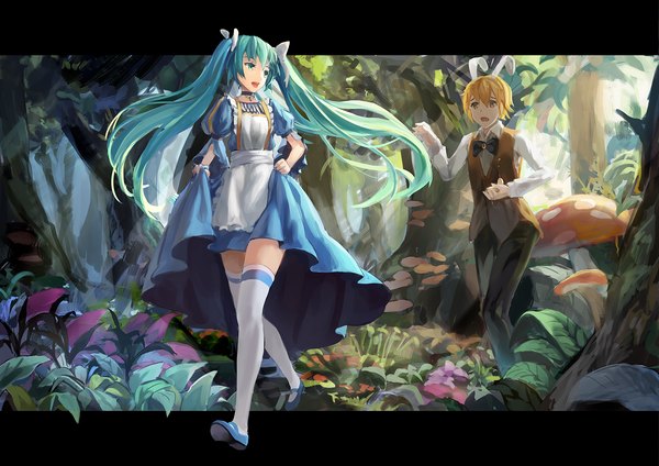 Anime picture 1500x1061 with alice in wonderland vocaloid hatsune miku kagamine len alice (wonderland) white rabbit shuang ye fringe short hair open mouth blonde hair twintails animal ears long sleeves very long hair looking back aqua eyes aqua hair bunny ears puffy sleeves