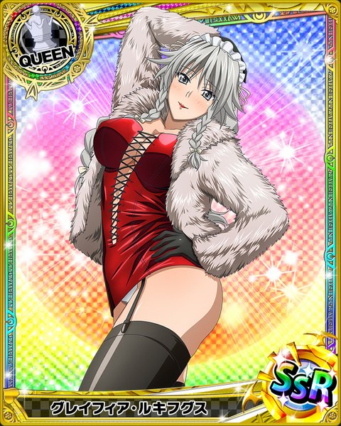 Anime picture 640x800 with highschool dxd grayfia lucifuge single long hair tall image looking at viewer light erotic grey hair grey eyes card (medium) girl thighhighs dress gloves black thighhighs black gloves headdress maid headdress fur short dress