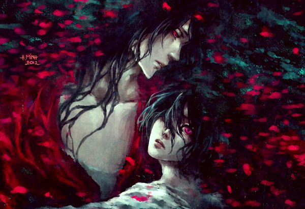 Anime picture 1400x960 with bleach studio pierrot kuchiki rukia kuchiki byakuya nanfe long hair short hair open mouth black hair red eyes profile hug dark background girl boy petals