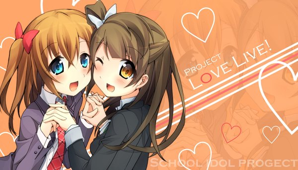 Anime picture 1750x1000 with love live! school idol project sunrise (studio) love live! minami kotori kousaka honoka oruton (artist) blush highres open mouth blue eyes blonde hair brown hair wide image multiple girls yellow eyes one eye closed wink one side up holding hands girl