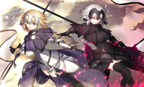 Anime picture 1680x1015 with fate (series) fate/grand order fate/apocrypha jeanne d'arc (fate) (all) jeanne d'arc alter (fate) jeanne d'arc (fate) kauto long hair fringe short hair breasts open mouth blonde hair smile hair between eyes wide image purple eyes multiple girls holding yellow eyes