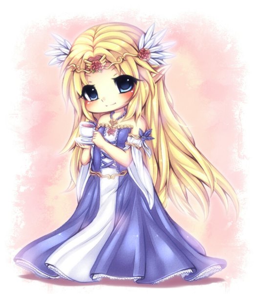 Anime picture 1167x1319 with original midna01 single tall image looking at viewer blush blue eyes blonde hair standing very long hair light smile pointy ears chibi girl dress hair ornament cup teacup saucer