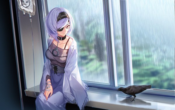 Anime picture 5747x3636 with black survival sissela (black survival) doitsu no kagaku single highres short hair sitting looking away absurdres silver hair indoors black eyes rain girl animal window hairband bird (birds) collar eyepatch