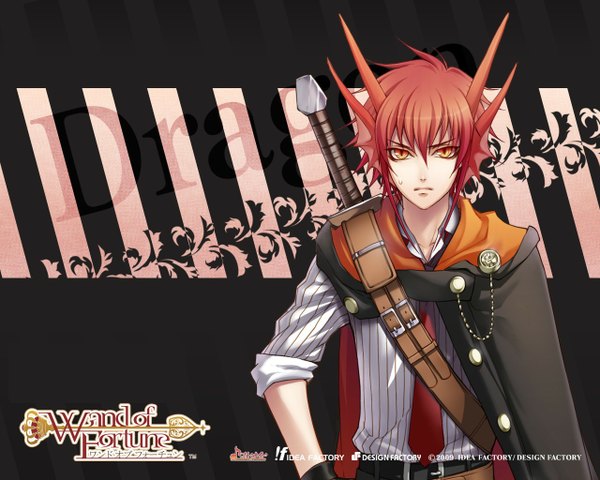 Anime picture 1280x1024 with wand of fortune idea factory lagi el nagil usuba kagerou single looking at viewer fringe short hair red hair horn (horns) inscription official art orange eyes hand on hip boy gloves uniform weapon school uniform sword