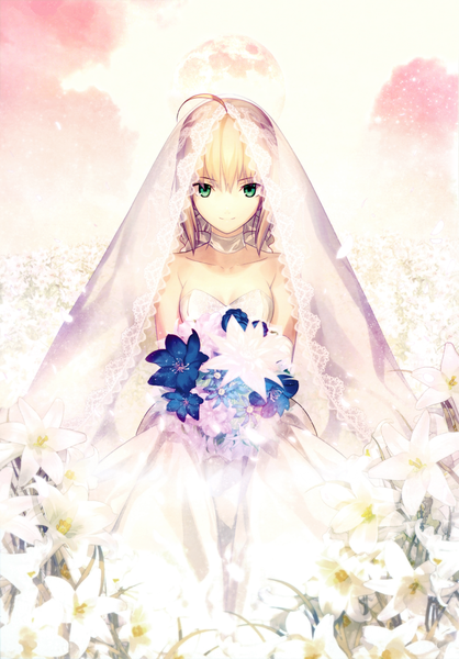 Anime picture 2768x3974 with fate (series) fate/stay night studio deen type-moon artoria pendragon (all) saber takeuchi takashi single tall image highres short hair blonde hair green eyes sky cloud (clouds) ahoge official art girl dress flower (flowers)