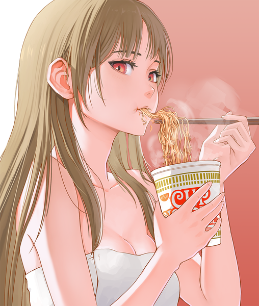 Anime picture 1186x1400 with original jchoy single long hair tall image looking at viewer breasts light erotic red eyes brown hair holding cleavage upper body eating steam naked towel girl towel chopsticks cup ramen