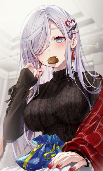 Anime picture 750x1240 with genshin impact shenhe (genshin impact) memeno single long hair tall image fringe blue eyes holding silver hair upper body nail polish hair over one eye mouth hold valentine red nail polish food in mouth girl hair ornament earrings