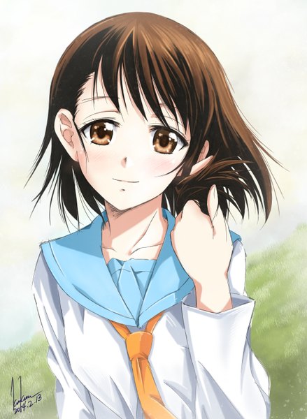 Anime picture 1050x1434 with nisekoi shaft (studio) onodera kosaki kem kem single long hair tall image looking at viewer brown hair brown eyes signed light smile girl uniform school uniform necktie