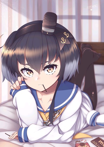 Anime picture 868x1228 with kantai collection tokitsukaze destroyer mku (artist) single tall image looking at viewer fringe short hair black hair hair between eyes holding brown eyes full body bent knee (knees) indoors lying multicolored hair grey hair arm support two-tone hair