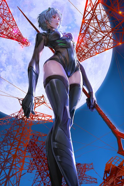 Anime picture 2000x3000 with neon genesis evangelion rebuild of evangelion evangelion: 3.0 you can (not) redo gainax ayanami rei yangmie mieyi single tall image fringe highres short hair breasts light erotic hair between eyes red eyes standing holding payot blue hair looking away