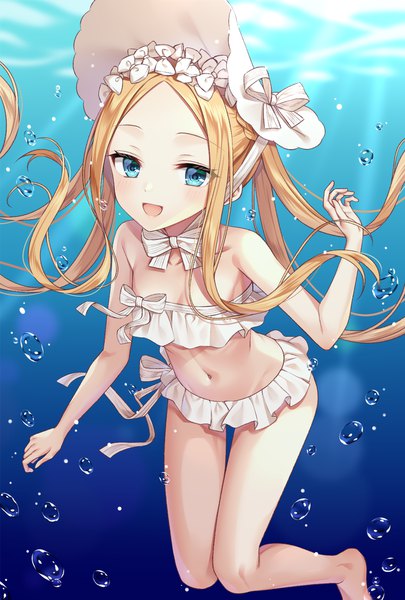 Anime picture 827x1224 with fate (series) fate/grand order abigail williams (fate) abigail williams (swimsuit foreigner) (fate) shino skk single long hair tall image looking at viewer open mouth blue eyes blonde hair twintails payot :d floating hair underwater girl navel swimsuit
