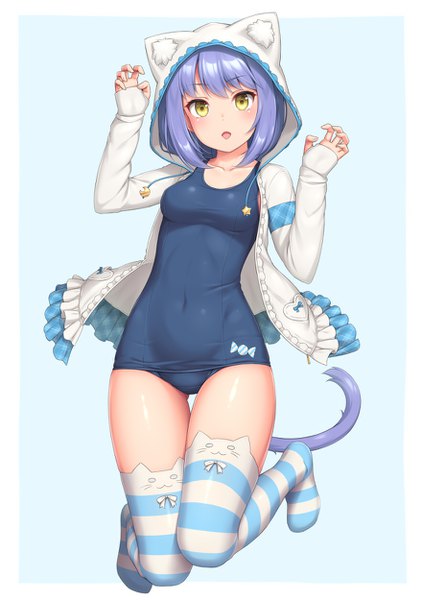 Anime picture 880x1250 with original sasaame single tall image looking at viewer blush fringe short hair breasts open mouth light erotic simple background smile animal ears yellow eyes payot blue hair full body tail animal tail