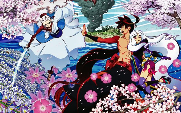 Anime picture 2560x1600 with katanagatari white fox togame yasuri shichika hakuhei sabi highres wide image white hair red hair japanese clothes cherry blossoms topless blue background smoke muscle girl boy flower (flowers) petals sword