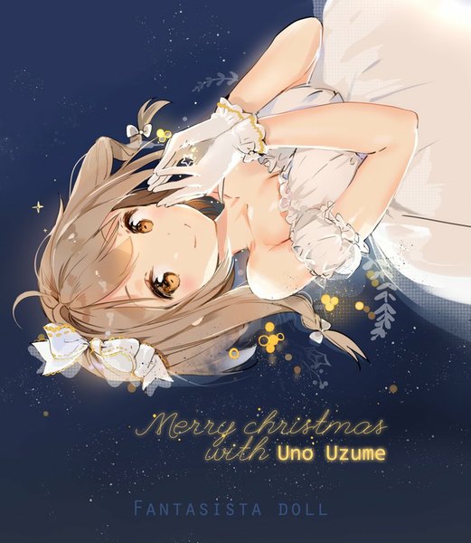 Anime picture 750x863 with fantasista doll uno uzume anmi single long hair tall image looking at viewer blush fringe brown hair twintails bare shoulders brown eyes payot cleavage ahoge lying light smile from above night