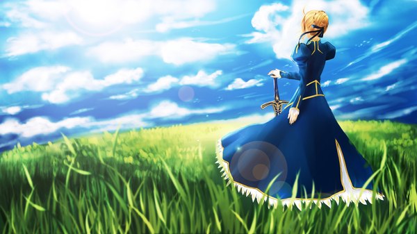 Anime picture 1920x1080 with fate (series) fate/stay night studio deen type-moon artoria pendragon (all) saber aiovia single highres short hair blonde hair wide image sky cloud (clouds) girl dress weapon plant (plants) sword grass
