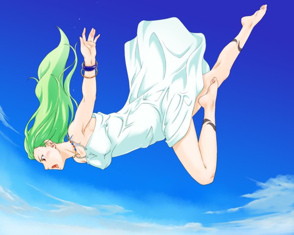 Anime picture 2500x2000 with original saburou (minami makoto) single long hair highres breasts open mouth light erotic red eyes bare shoulders sky barefoot green hair bare legs tattoo sleeveless looking down falling girl dress