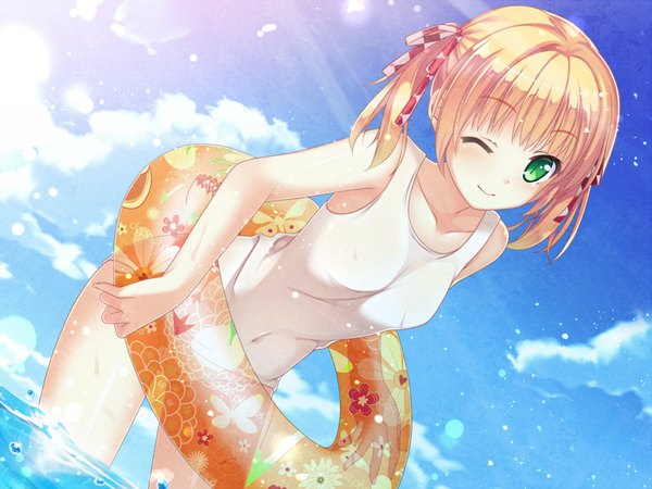 Anime picture 800x600 with original uzuki hiro single looking at viewer blush fringe short hair breasts blonde hair smile twintails bare shoulders green eyes sky cloud (clouds) one eye closed wink sunlight bare legs leaning