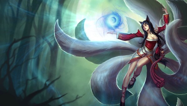 Anime picture 3628x2063 with league of legends ahri (league of legends) tagme (artist) single long hair highres breasts light erotic black hair wide image bare shoulders animal ears yellow eyes absurdres cleavage tail animal tail bare legs legs fox ears