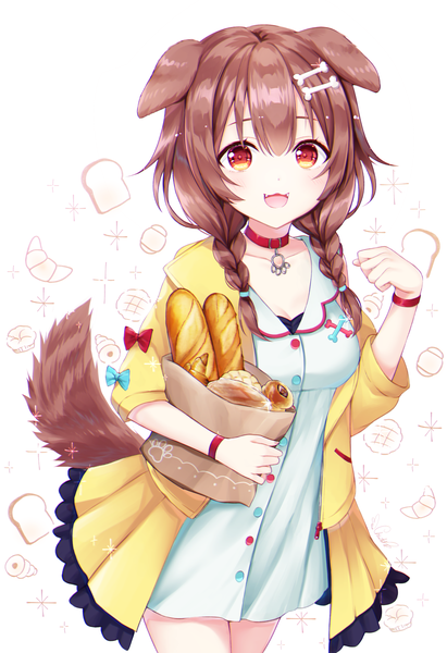 Anime picture 1403x2048 with virtual youtuber hololive inugami korone chiutake mina single long hair tall image looking at viewer open mouth red eyes brown hair animal ears tail braid (braids) :d animal tail sparkle twin braids dog ears dog tail