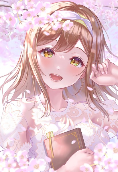 Anime picture 1500x2187 with love live! sunshine!! sunrise (studio) love live! kunikida hanamaru usamaru67pi single long hair tall image looking at viewer blush fringe open mouth hair between eyes brown hair yellow eyes upper body outdoors head tilt :d cherry blossoms